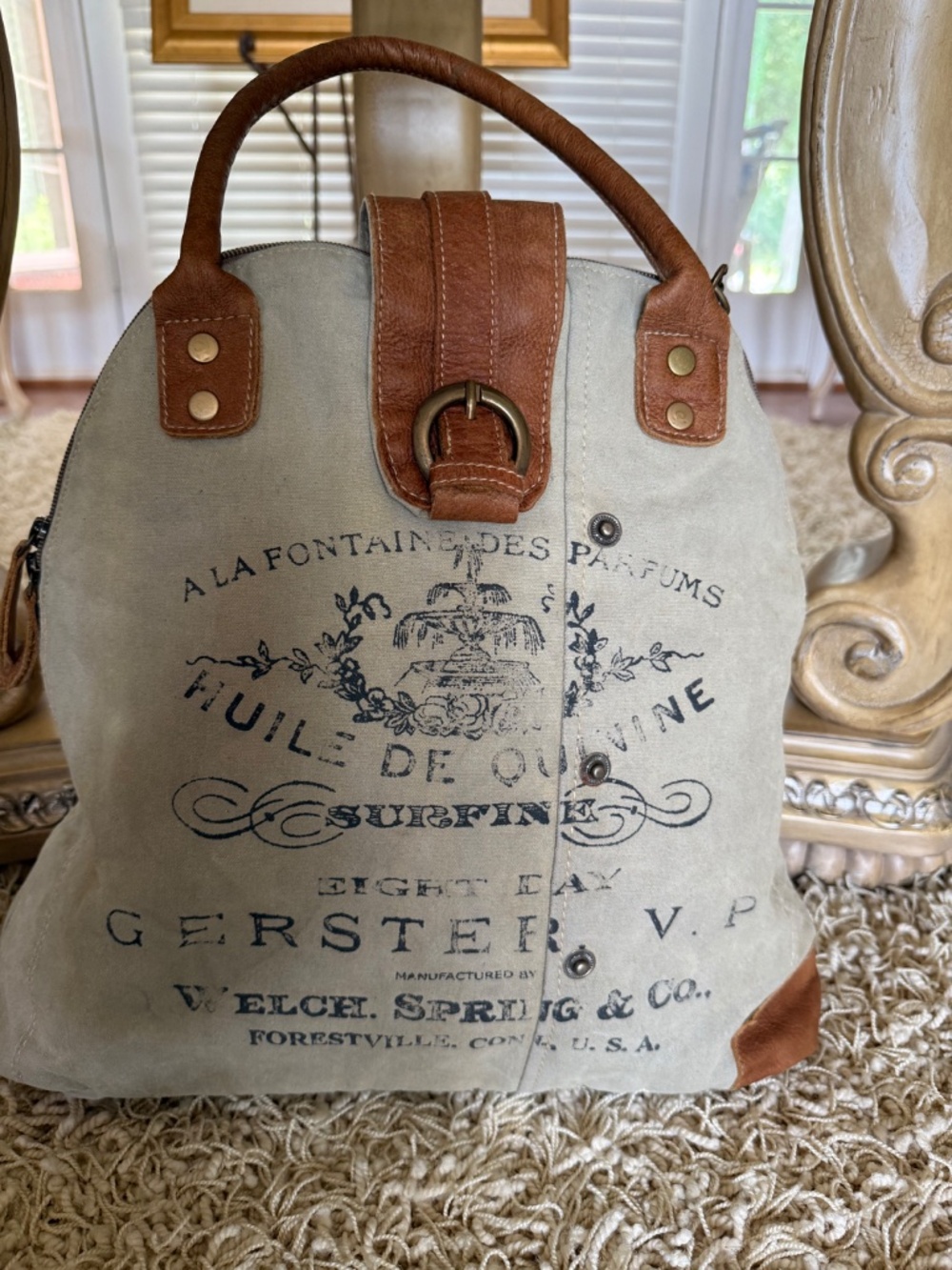 Myra Bag Upcycled Gerster Canvas Convertible Bag Genuine Leather Accents - Picture 6 of 11